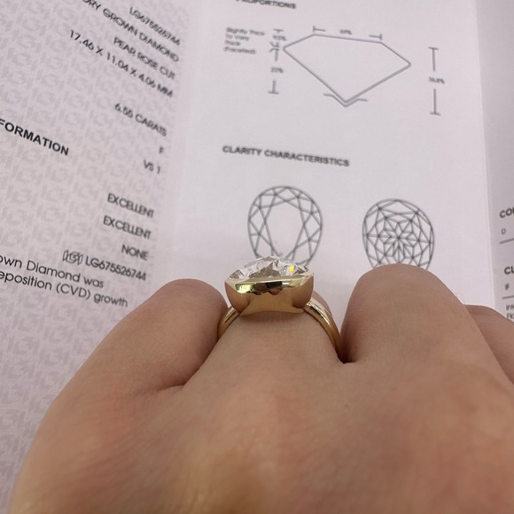 6.55 carat F VS1 rose cut pear shaped diamond bezel solitaire engagement ring - Picture 6 of 9